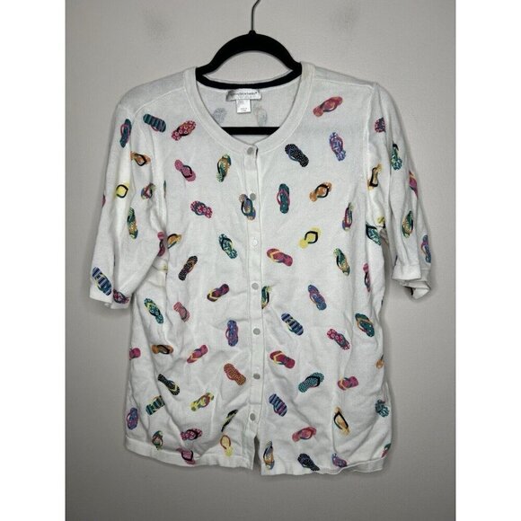Christopher Banks Womens Flip Flops Shirt Sweater White Short Sleeve Size Large - Picture 1 of 11
